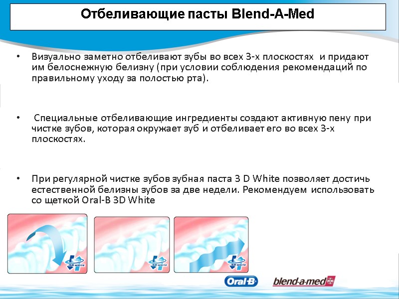 Отбеливающие пасты Blend-A-Med Визуально заметно отбеливают зубы во всех 3-х плоскостях  и придают